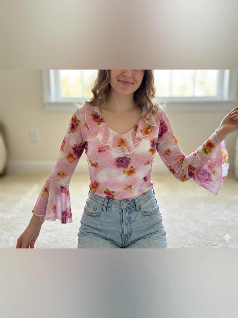 Vintage stretchy gauzy pink floral ruffle top 3/4 sleeve festival coquette sz XS